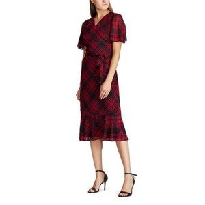 Ralph Lauren Plaid Flutter Sleeve V-Neck Red Size 16 Midi Dress
